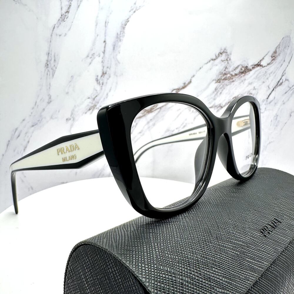 New PRADA Eyeglasses Cat Eye Black White Gold 53-17-140 Womens - Picture 10 of 16